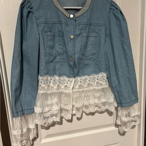 SHEIN Blue Jean Jacket with White Lace Trim